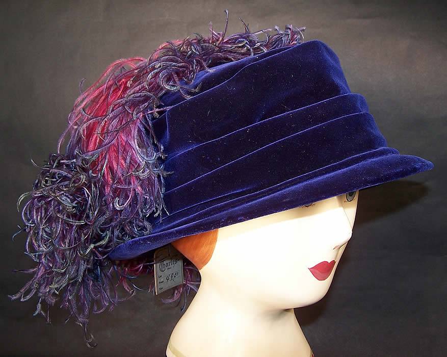 Vintage Charles Kurzman Fifth Ave Millinery Purple Velvet Feather Flapper Cloche Hat side View.