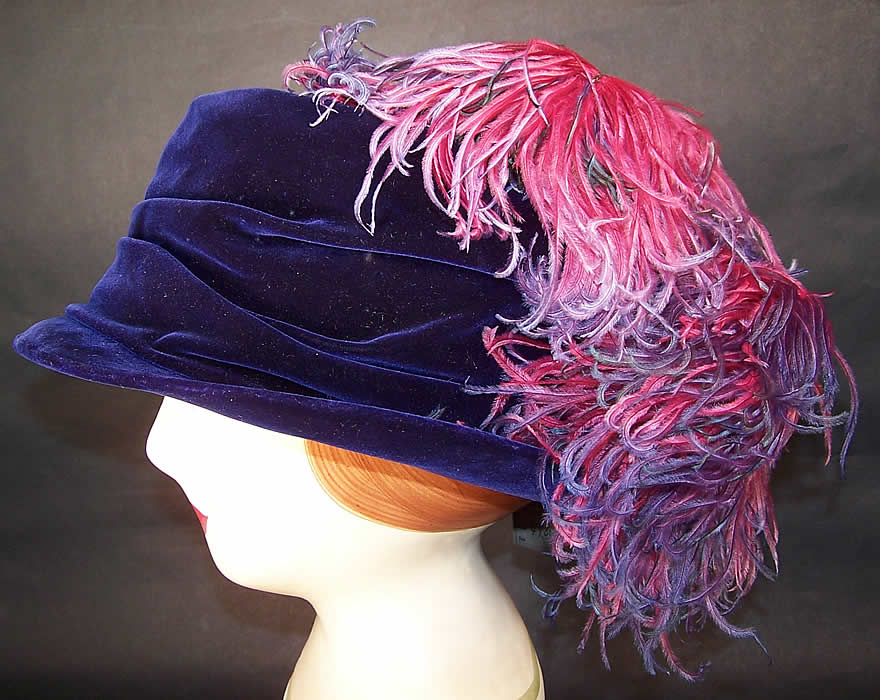 Vintage Charles Kurzman Fifth Ave Millinery Purple Velvet Feather Flapper Cloche Hat side view.