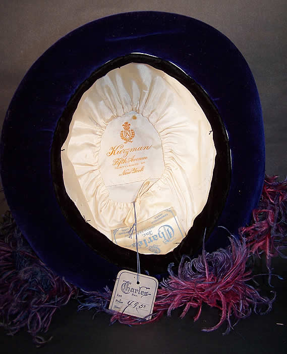 Vintage Charles Kurzman Fifth Ave Millinery Purple Velvet Feather Flapper Cloche Hat Close up.