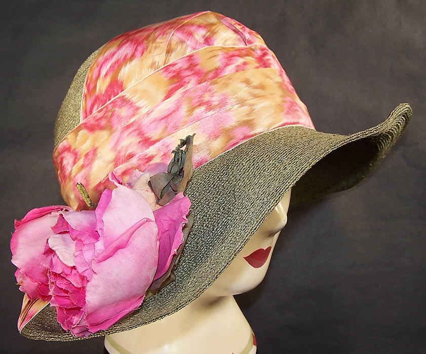 Belle Epoque Olive Green Straw Pink Rose Moire Ribbon Wide Brim Hat Front view.