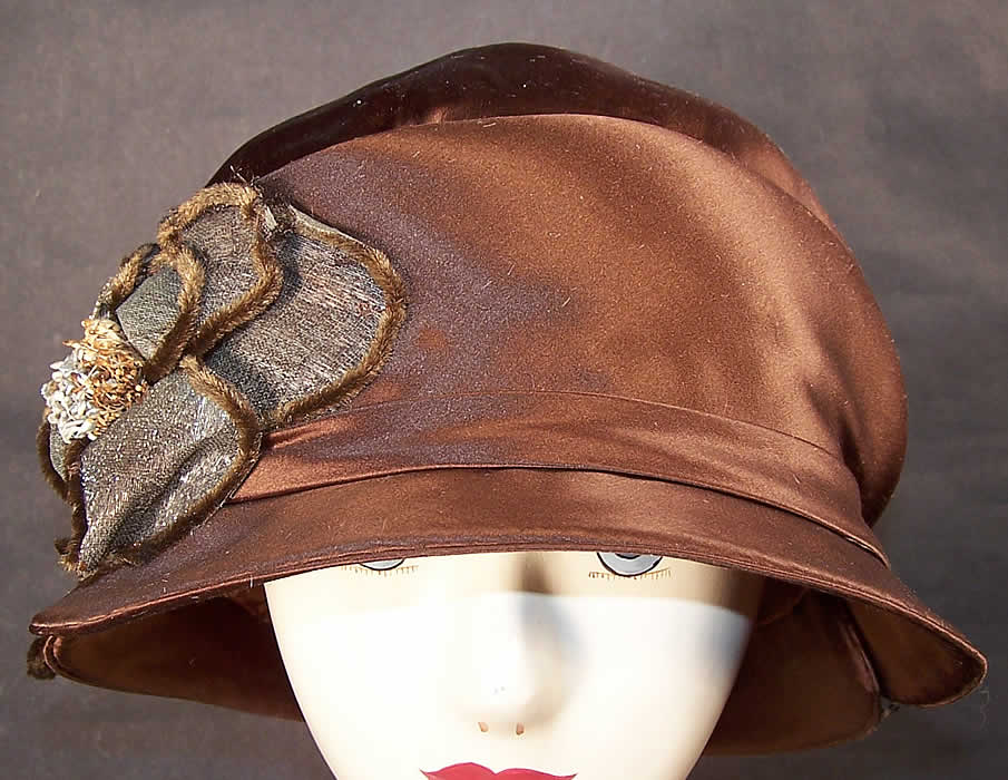 Vintage Chapeau La Mode Brown Silk Silver Lamé Flower Flapper Cloche Hat Front View.