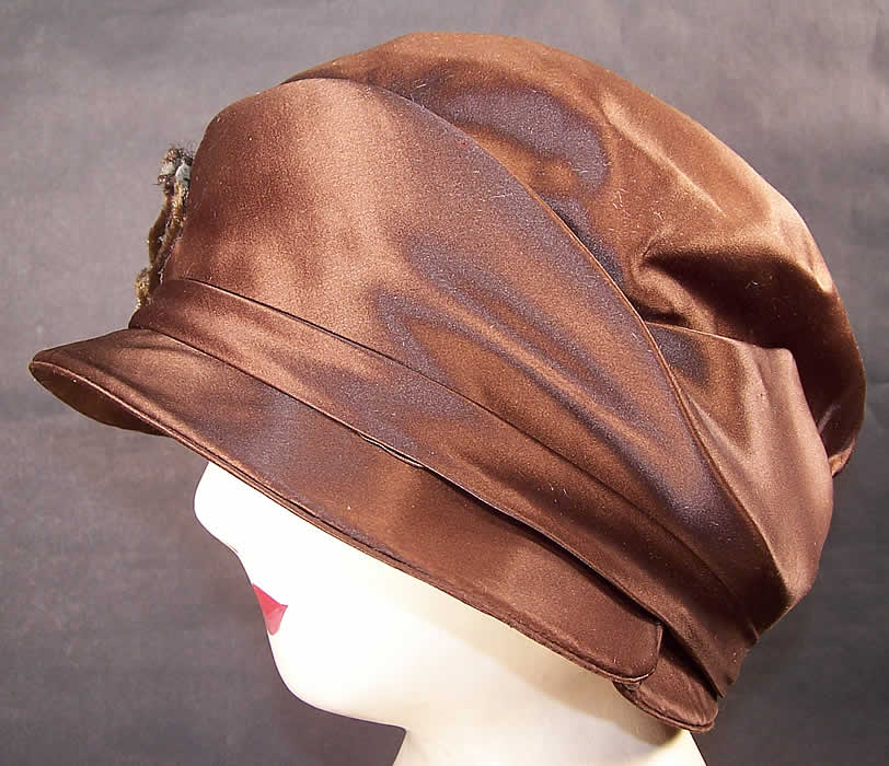 Vintage Chapeau La Mode Brown Silk Silver Lam&eacute; Flower Flapper Cloche Hat side view.