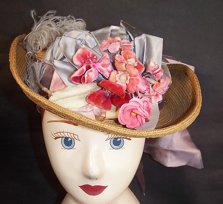 Vintage B.J. Simmons & Co 1941 Natural Straw Floral Ribbon Eugenie Hat