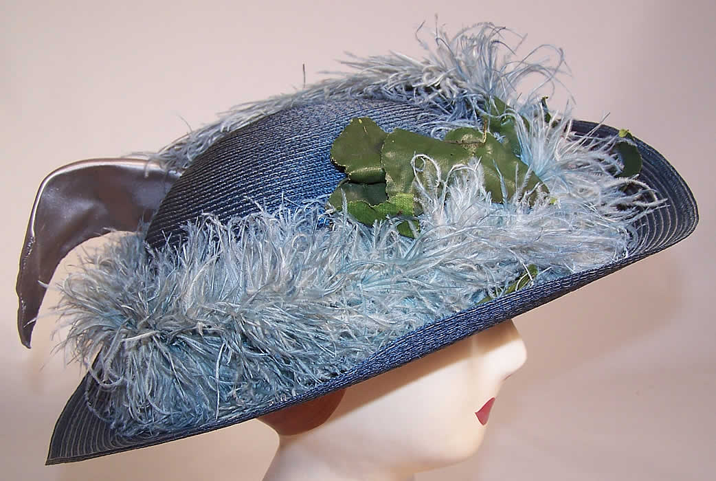 Belle Epoque Blue Straw Feather Ribbon Rosette Wide Brim Hat other side