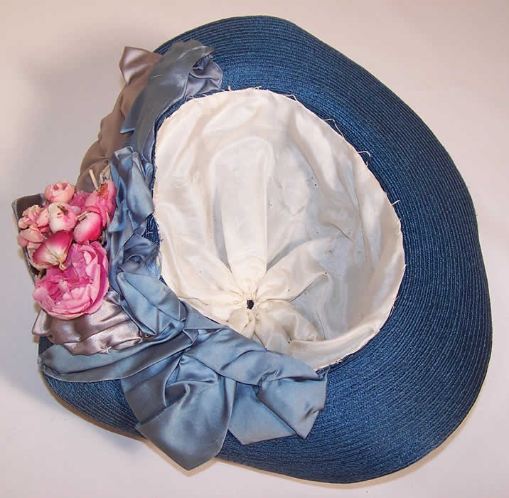 Belle Epoque Blue Straw Feather Ribbon Rosette Wide Brim Hat inside