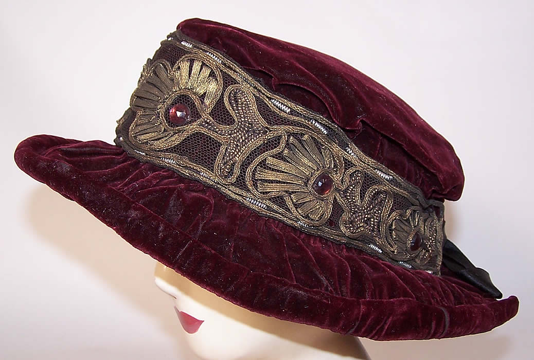 Art Nouveau Burgundy Velvet Hat Gold Metallic Rhinestone Ribbon Hatband side view.