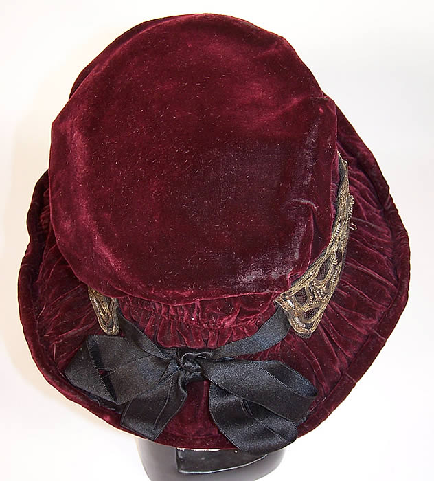 Art Nouveau Burgundy Velvet Hat Gold Metallic Rhinestone Ribbon Hatband back view