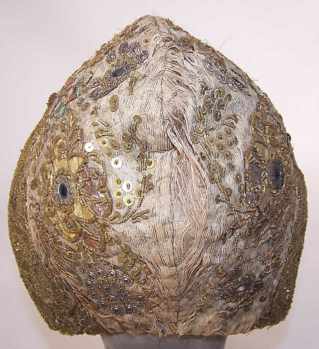 19th Century Antique Gold Gilt Metallic Embroidered Silk German Folk Bonnet Cap back view.