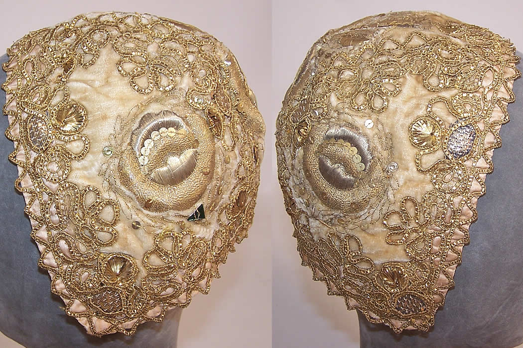 19th Century Antique Gold Gilt Metallic Embroidered Velvet German Folk Bonnet Cap both side views