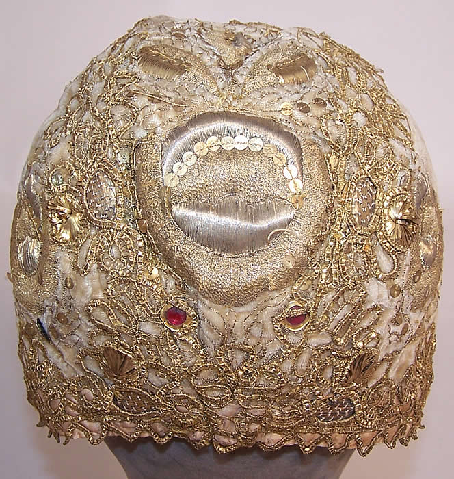 19th Century Antique Gold Gilt Metallic Embroidered Velvet German Folk Bonnet Cap back view.