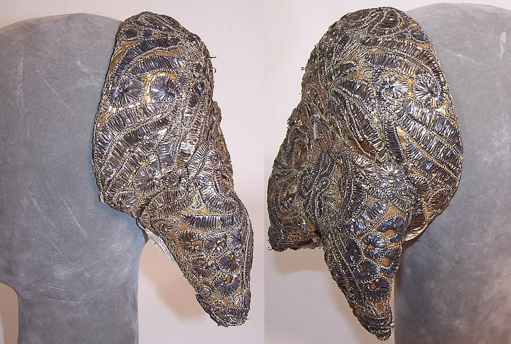19th Century Antique Gold & Silver Metallic Embroidered German Riegelhaube Bonnet Cap both side views
