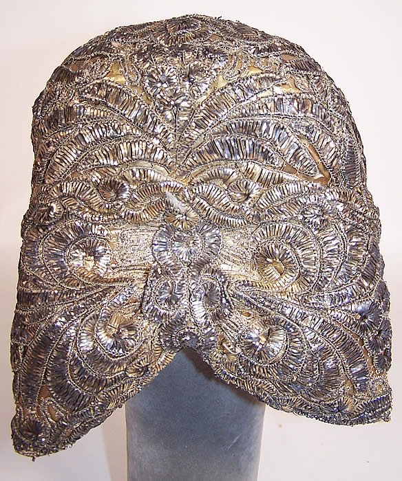 19th Century Antique Gold & Silver Metallic Embroidered German Riegelhaube Bonnet Cap back view.