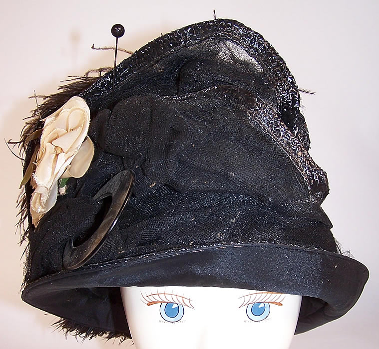 Art Deco Vintage Gage Brothers & Co Black Straw Ostrich Feather Floral Net Cloche Hat