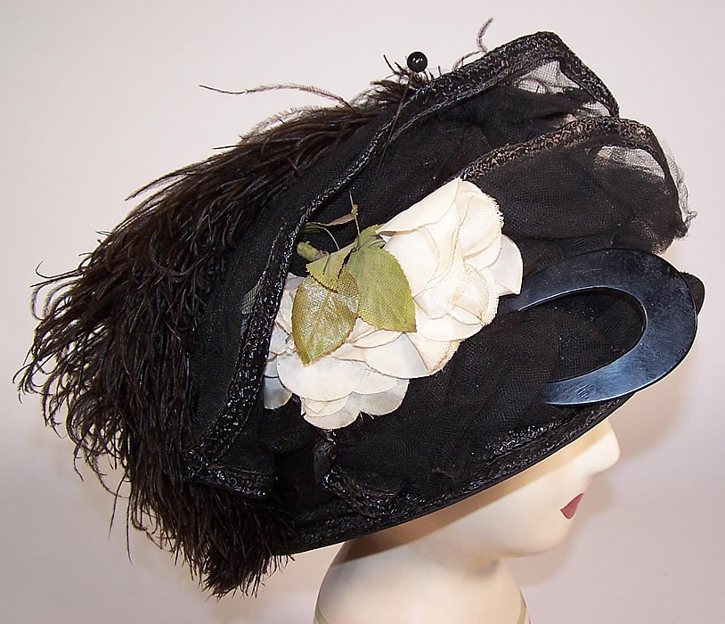 Art Deco Vintage Gage Brothers & Co Black Straw Ostrich Feather Floral Net Cloche Hat side view.