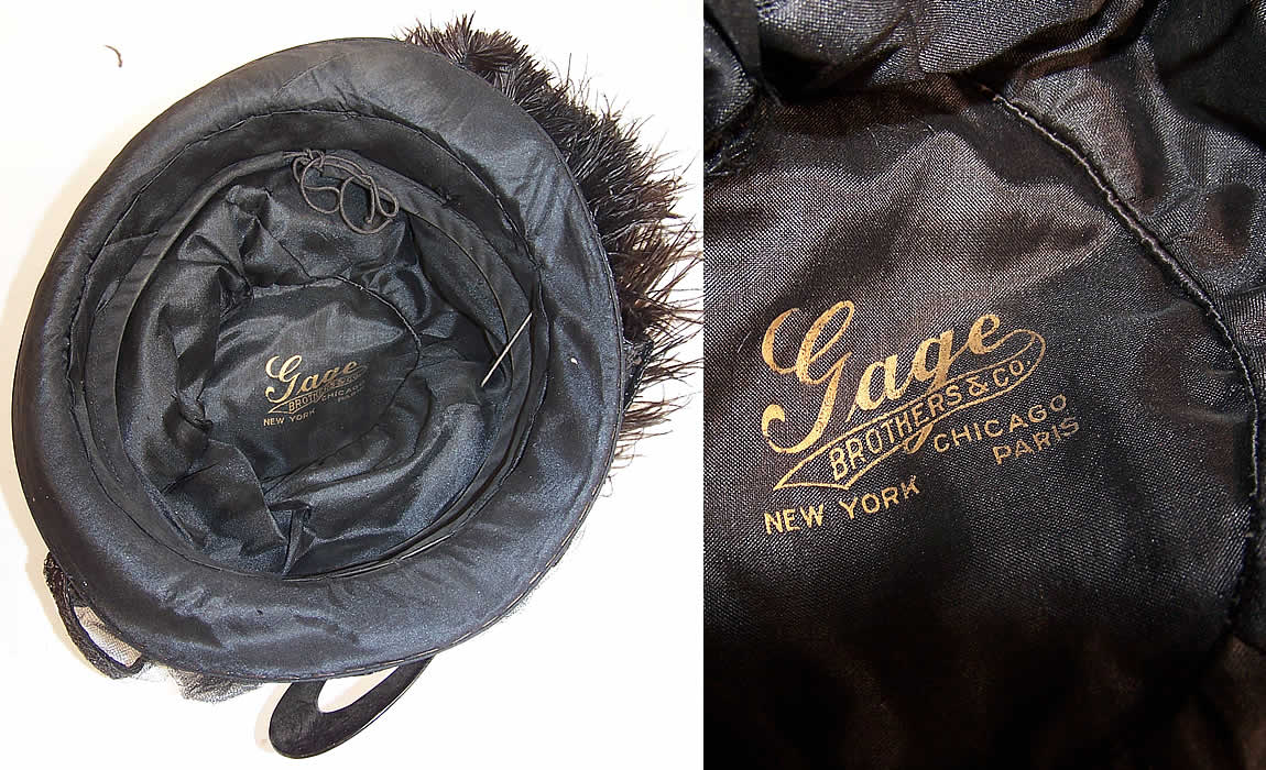Art Deco Vintage Gage Brothers & Co Black Straw Ostrich Feather Floral Net Cloche Hat inside view & close up of label