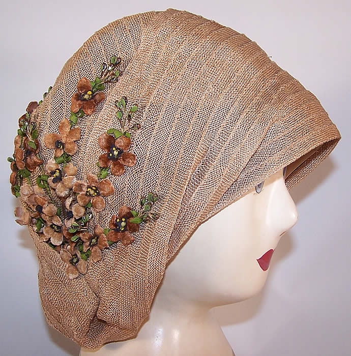 Vintage Natural Straw Asymmetrical Brown Velvet Flower Flapper Cloche Hat