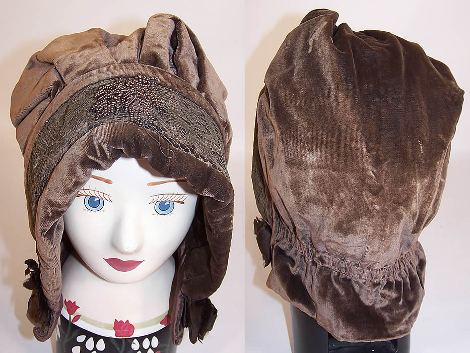 Edwardian Brown Velvet Gold Metallic Lace Bronze Beaded Winter Bonnet Hood Hat front & back