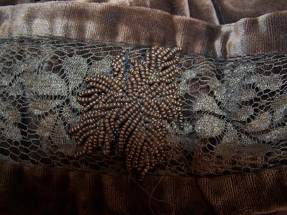 Edwardian Brown Velvet Gold Metallic Lace Bronze Beaded Winter Bonnet Hood Hat  close up.