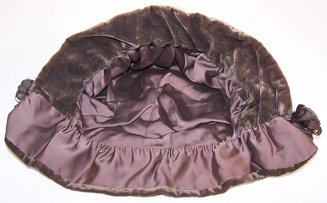 Edwardian Brown Velvet Gold Metallic Lace Bronze Beaded Winter Bonnet Hood Hat inside