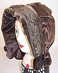 Edwardian Brown Velvet Gold Metallic Lace Bronze Beaded Winter Bonnet Hood Hat