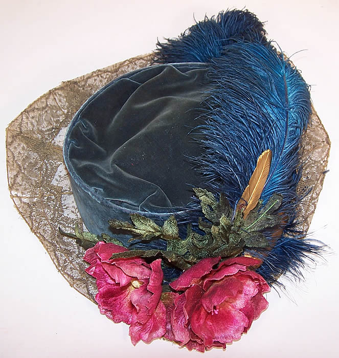 Vintage Belle Epoque Blue Velvet Feather Floral Trim Gold Lace Wide Brim Hat