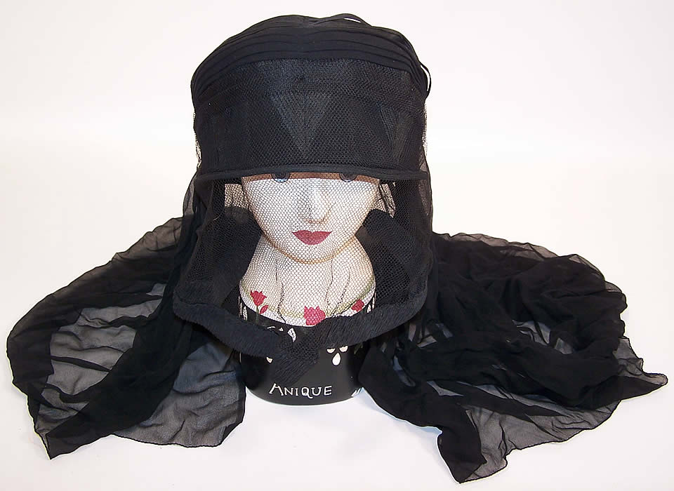 Edwardian WWI Black Silk Veiled Mourning Bonnet Cloche Hat