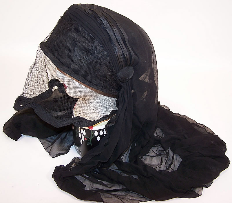 Edwardian WWI Black Silk Veiled Mourning Bonnet Cloche Hat side view.