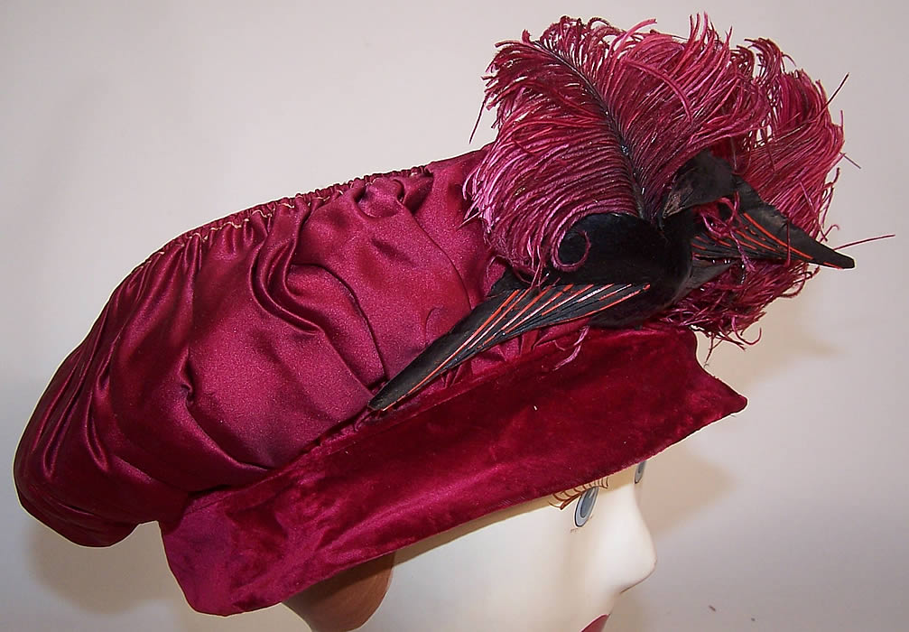 Belle Epoque Red Velvet Ostrich Feather Bird Trim Beret Tam Toque Hat