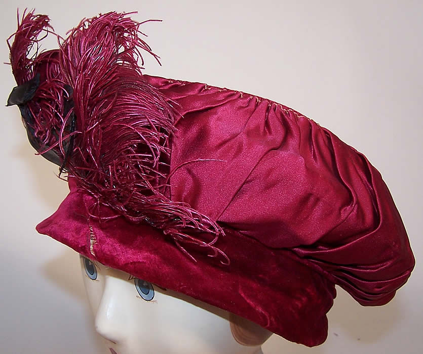 Belle Epoque Red Velvet Ostrich Feather Bird Trim Beret Tam Toque Hat