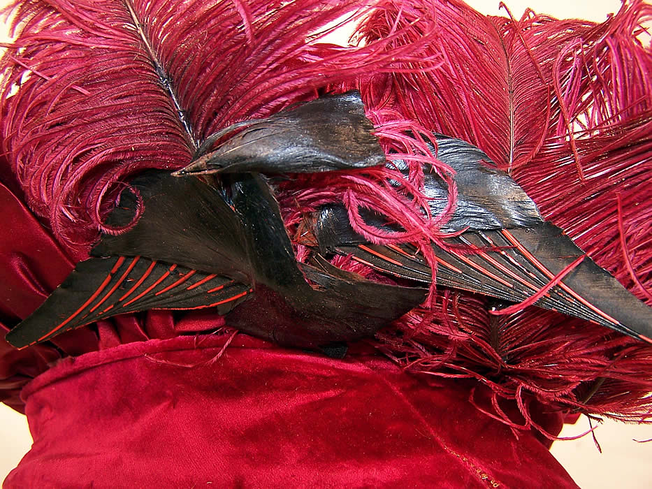 Belle Epoque Red Velvet Ostrich Feather Bird Trim Beret Tam Toque Hat close up.
