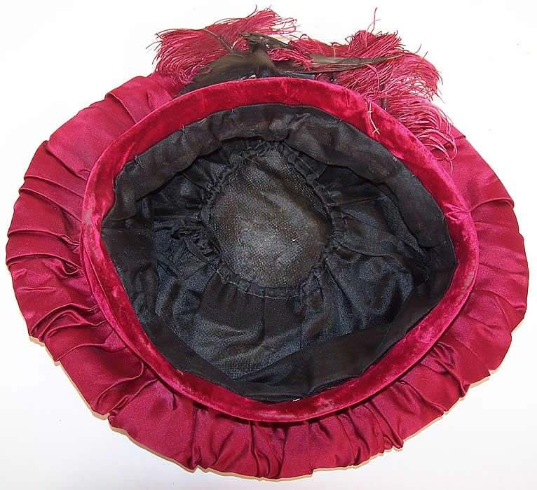 Belle Epoque Red Velvet Ostrich Feather Bird Trim Beret Tam Toque Hat inside