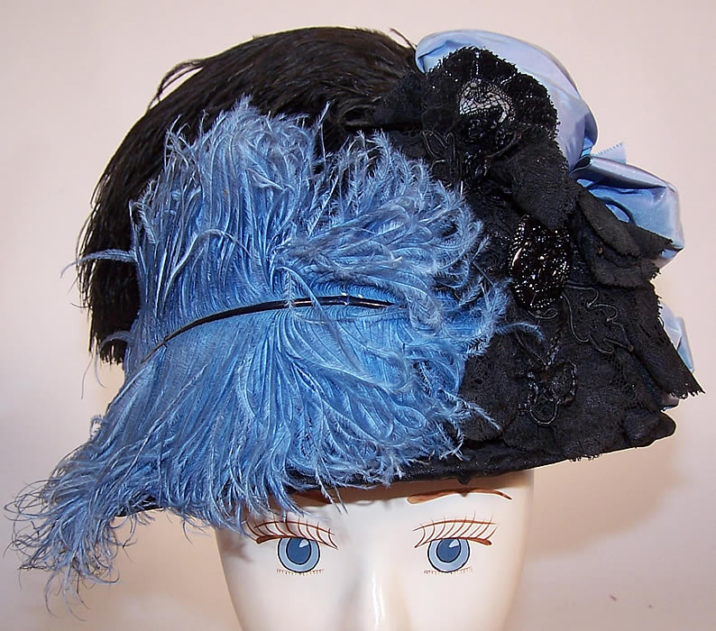 Victorian Black & Blue Silk Ribbon Ostrich Feather Lace Trim Hat
