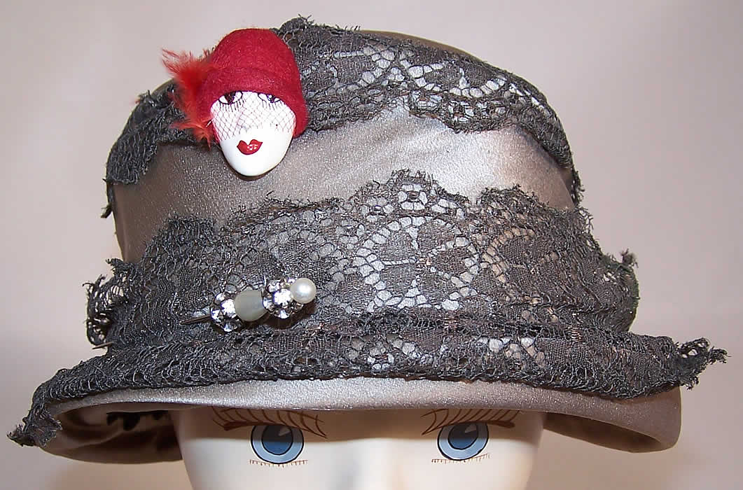 Vintage Art Deco Gray Silk Silver Lamé Lace Flapper Cloche Hat & Pin