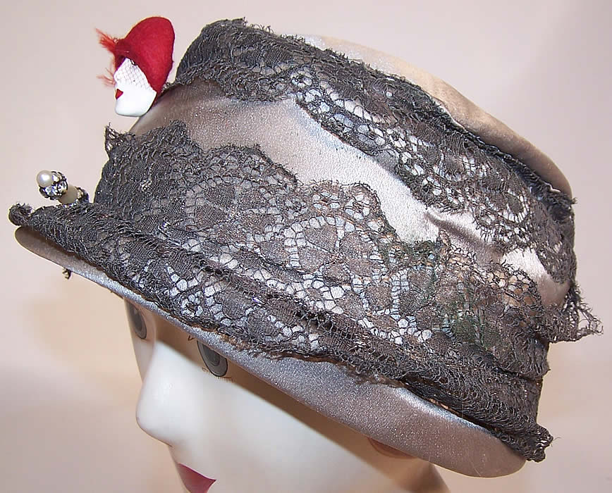 Vintage Art Deco Gray Silk Silver Lamé Lace Flapper Cloche Hat & Pin