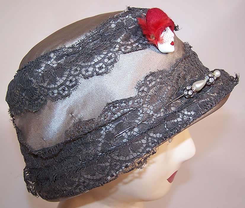 Vintage Art Deco Gray Silk Silver Lam&eacute; Lace Flapper Cloche Hat & Pin