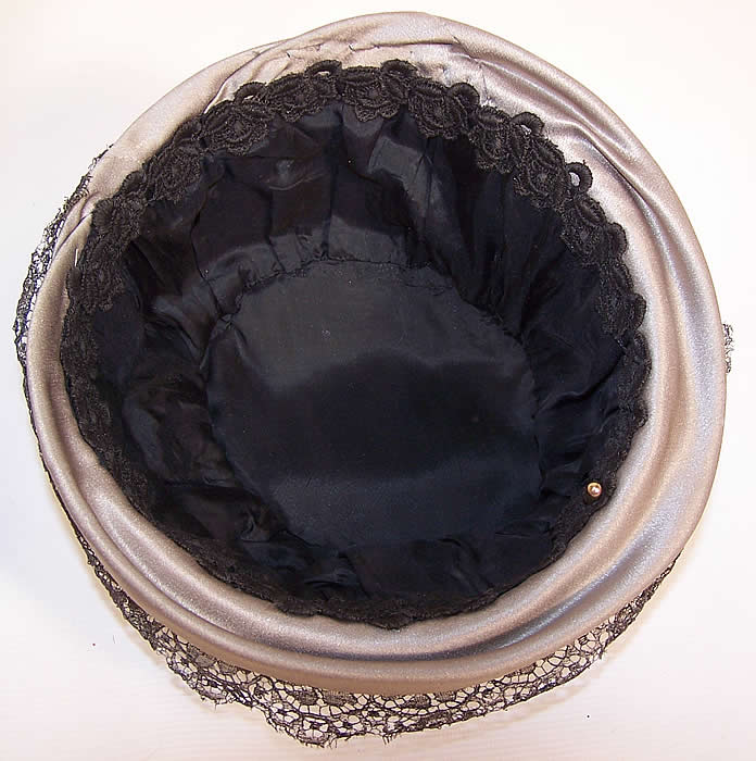Vintage Art Deco Gray Silk Silver Lam&eacute; Lace Flapper Cloche Hat inside view