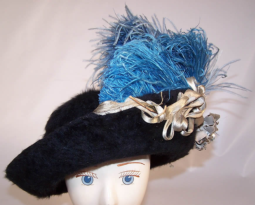 Edwardian Black Beaver Felt Fur Blue Feather Silver Lamé Ribbon Floral Hat