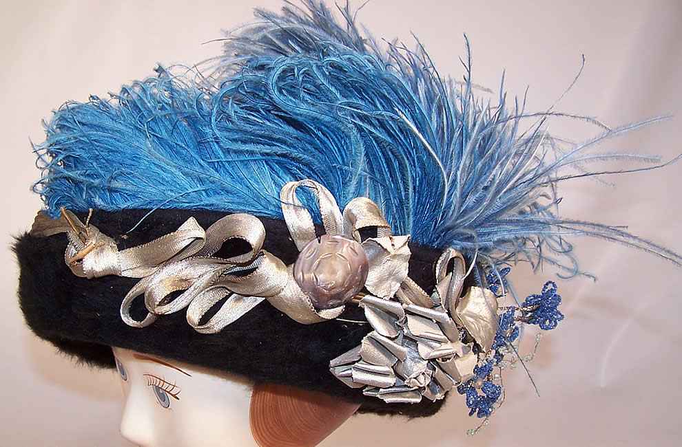 Edwardian Black Beaver Felt Fur Blue Feather Silver Lamé Ribbon Floral Hat