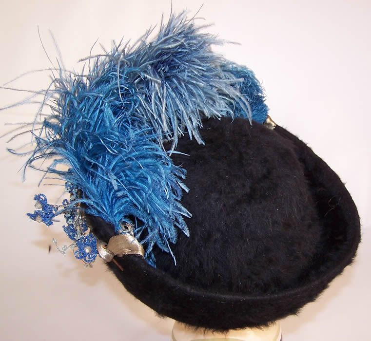 Edwardian Black Beaver Felt Fur Blue Feather Silver Lam&eacute; Ribbon Floral Hat
