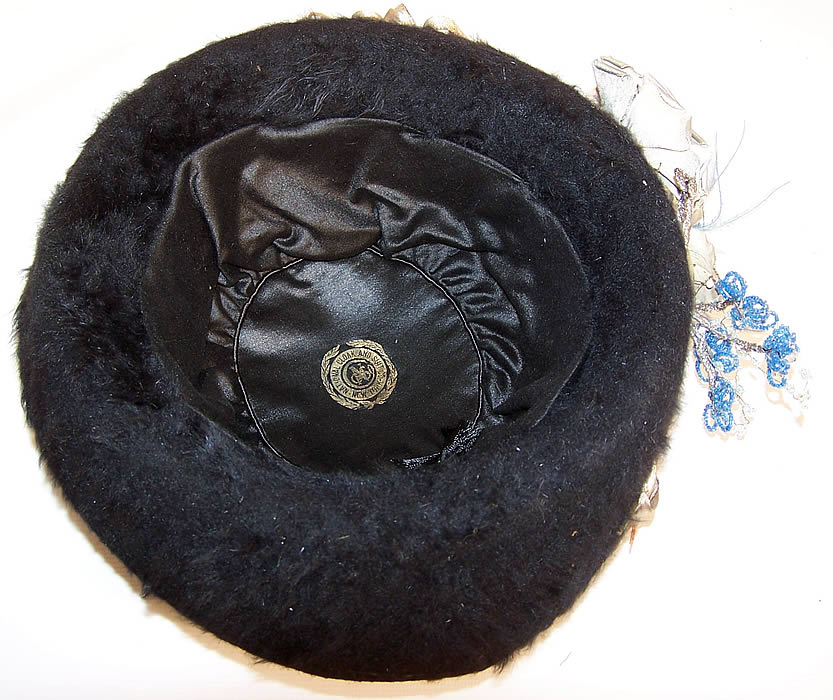 Edwardian Black Beaver Felt Fur Blue Feather Silver Lam&eacute; Ribbon Floral Hat inside