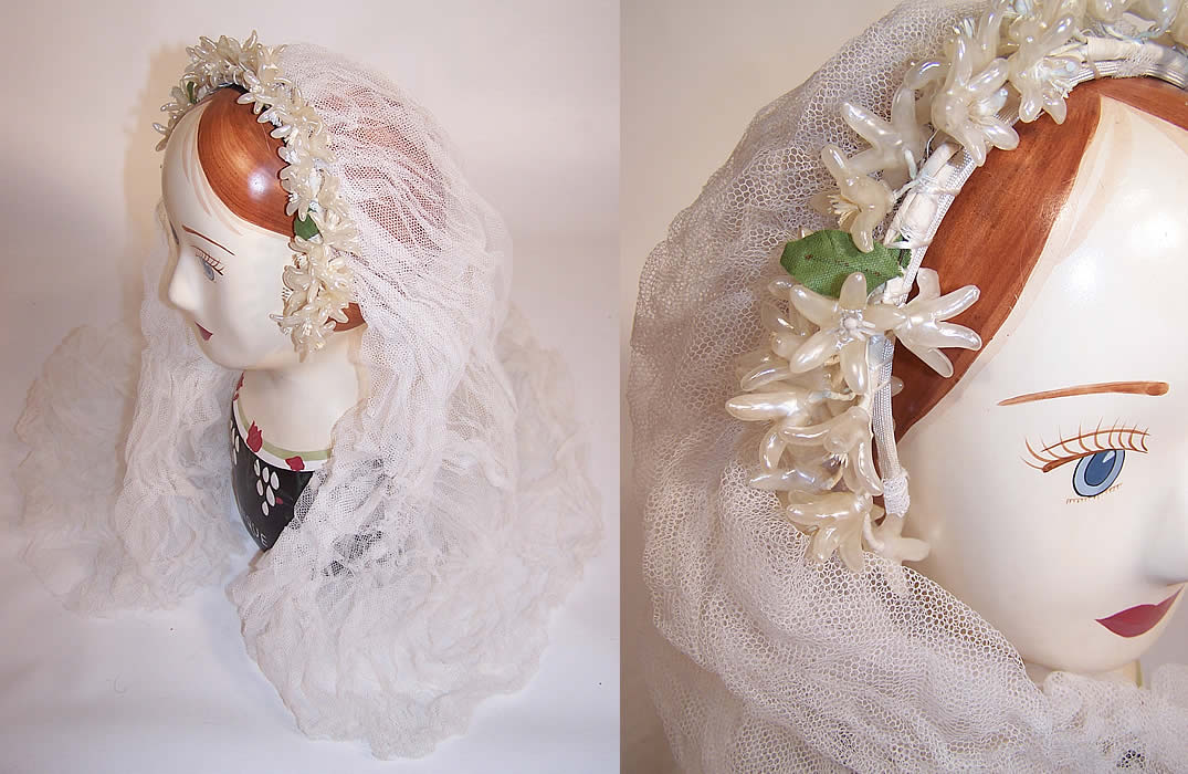 Vintage Orange Blossom Wax Flower Bridal Wedding Veil Crown Headpiece side view and the other side closer up