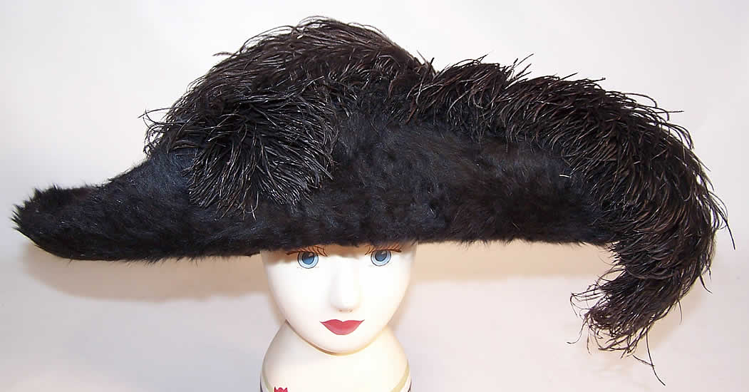 Edwardian Titanic Black Beaver Felt Fur Feather Large Wide Brim Hat