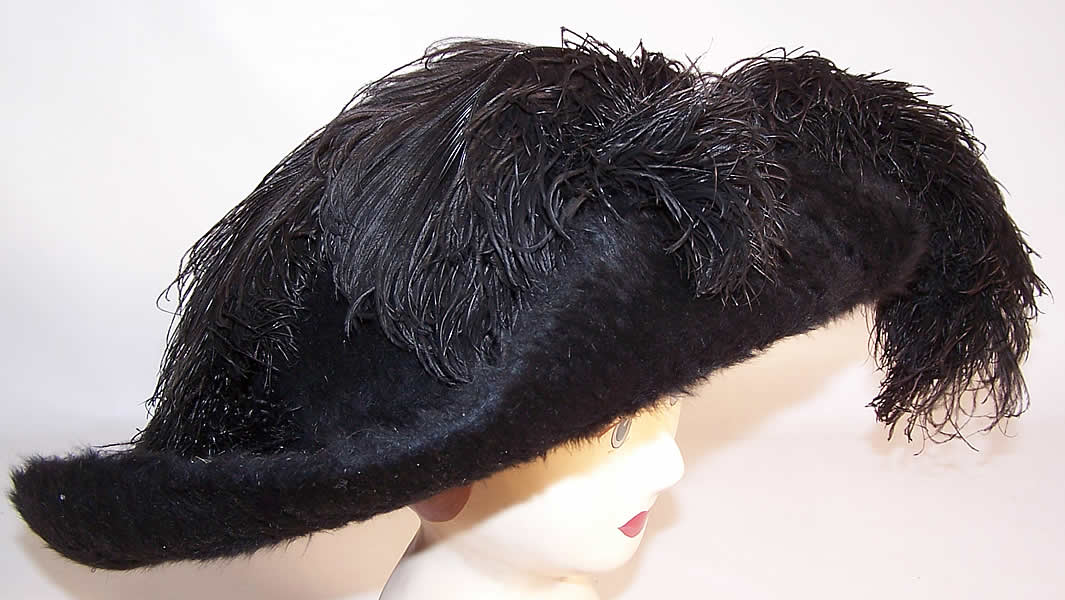 Edwardian Titanic Black Beaver Felt Fur Feather Large Wide Brim Hat side view.