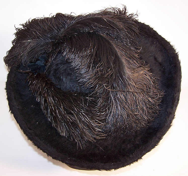 Edwardian Titanic Black Beaver Felt Fur Feather Large Wide Brim Hat back