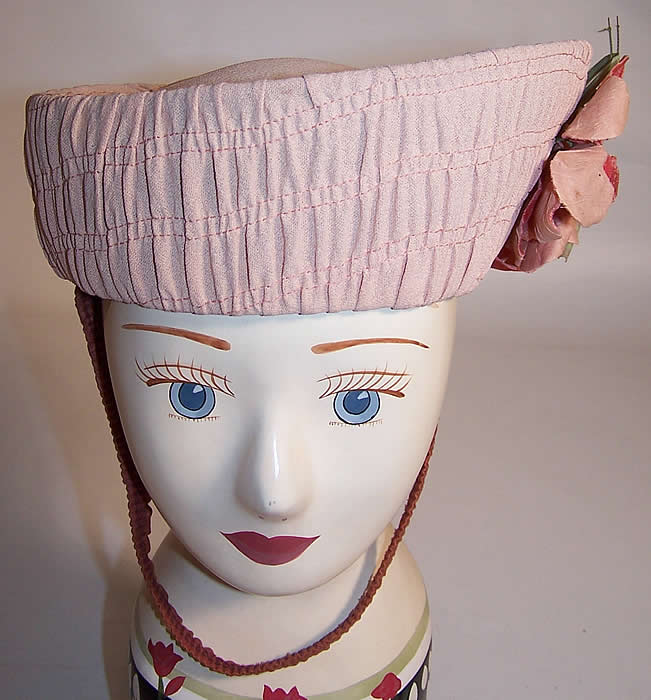 Vintage Pink Silk Floral Trim Ladies Bellhop Toque Style Harlequin Hat
