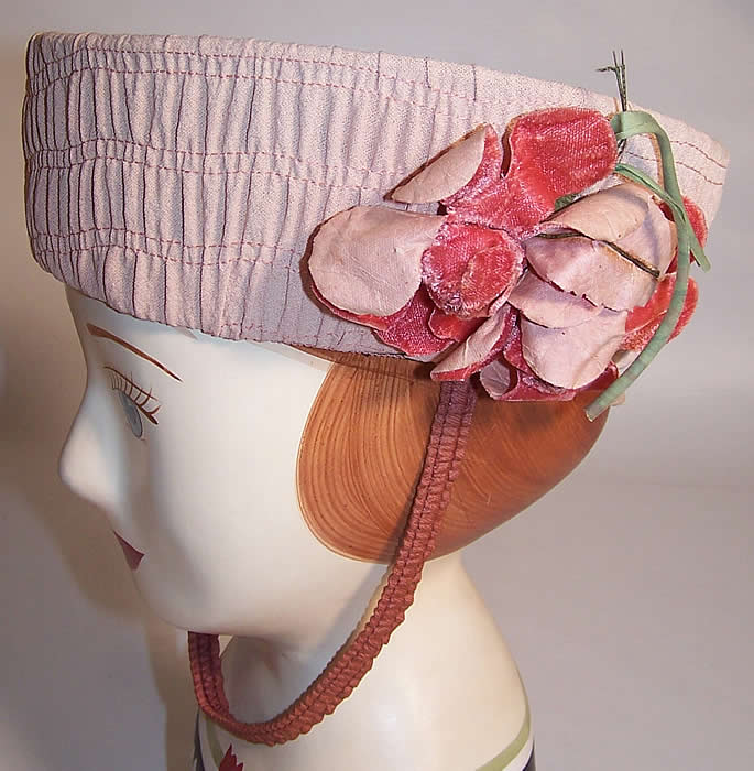 Vintage Pink Silk Floral Trim Ladies Bellhop Toque Style Harlequin Hat side view.