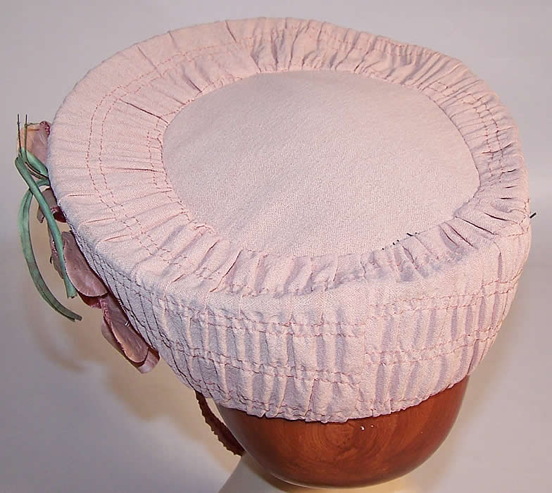 Vintage Pink Silk Floral Trim Ladies Bellhop Toque Style Harlequin Hat back view