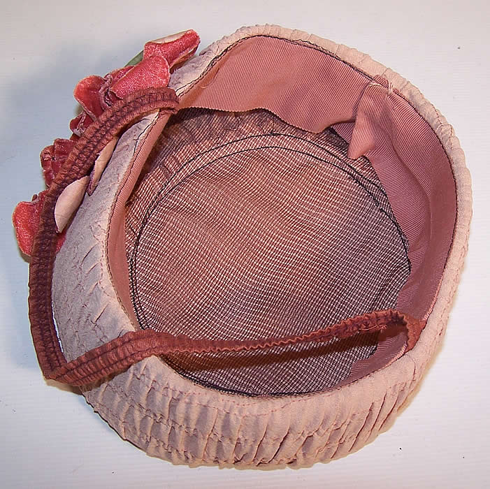 Vintage Pink Silk Floral Trim Ladies Bellhop Toque Style Harlequin Hat inside