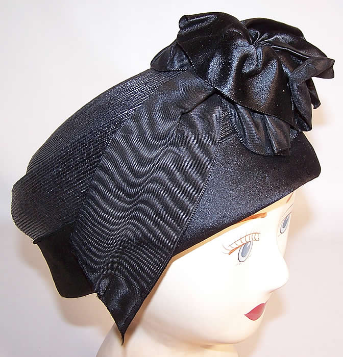 Edwardian Black Straw Silk Ribbon Bow Trim Toque Hat