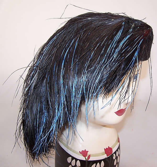Vintage Kibel Hats Black Silk Straw Blue Feather Trim Tricorn Flapper Hat side view.